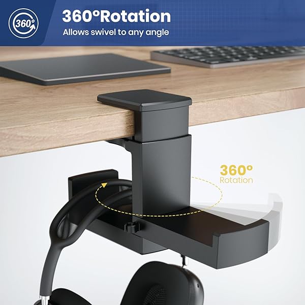 EURPMASK Choose the color of europe Dual Headphone Stand Holder EURPMASK 2 in 1 PC Gaming Headset Hooks 360 Degree Rotating Hanger Adjustable Clamp Cable Clip Organizer Black - View 4 of 9
