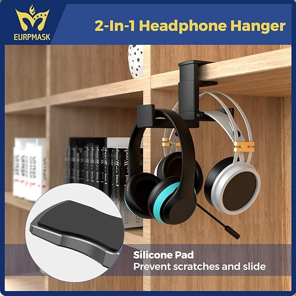 EURPMASK Choose the color of europe Dual Headphone Stand Holder EURPMASK 2 in 1 PC Gaming Headset Hooks 360 Degree Rotating Hanger Adjustable Clamp Cable Clip Organizer Black - View 9 of 9