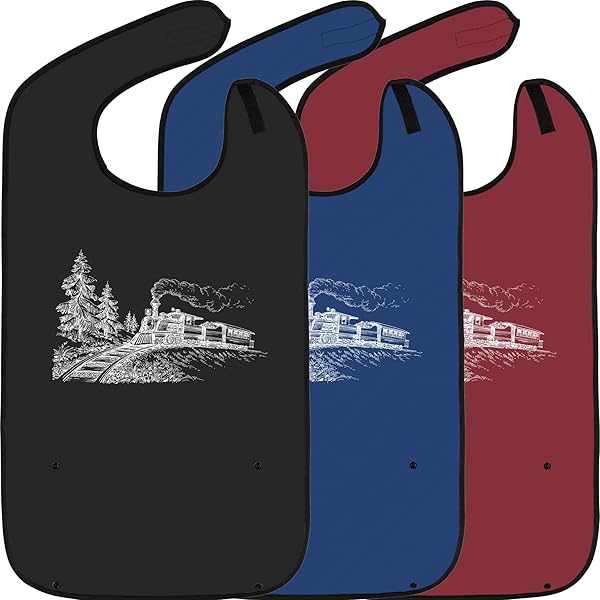 Classic Bib Designs Reusable Adult Bibs for Eating Steam Train Variety 3 Pack for Men and Women