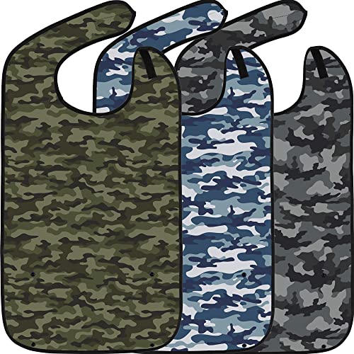 Classic Bib Designs Adult Bibs for Eating Reusable with Crumb Catcher Pocket 3 Pack Variety Camo for Men and Women