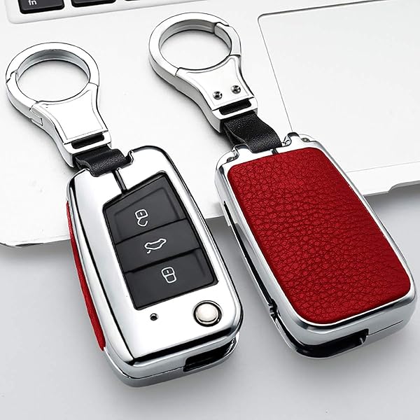 ontto Ontto Stylish Key Fob Cover for VW Skoda Polo Jetta Golf 7 GTI 3-Button Leather Key Protector Red Key Shell and Keychain Set - View 2 of 7