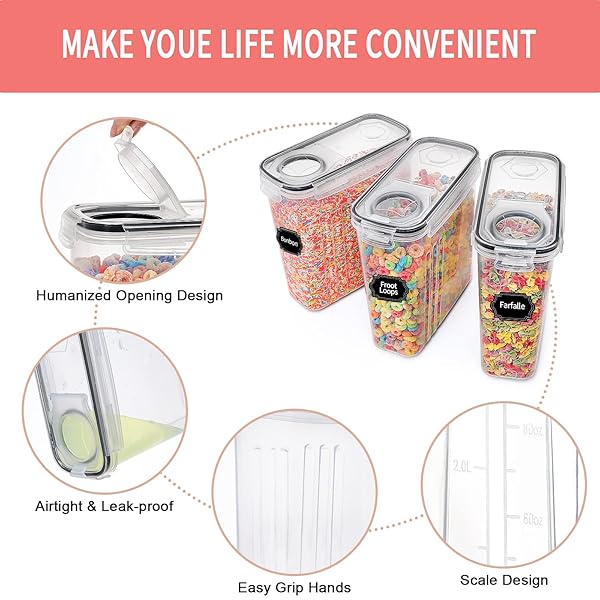 PRAKI PRAKI 6PCS Airtight Large Dry Food Storage Containers with Lids for Cereal Sugar Flour Snacks Baking Supplies and 20 Labels Black - View 3 of 6