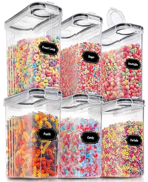 PRAKI PRAKI 6PCS Airtight Large Dry Food Storage Containers with Lids for Cereal Sugar Flour Snacks Baking Supplies and 20 Labels Black