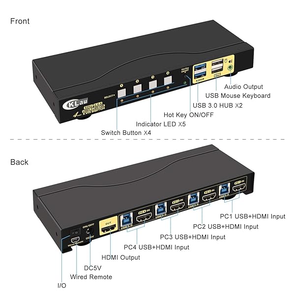 CKLau CKLau 4 Port HDMI KVM Switch with USB 3.0 Hub & Digital Audio - 4K@60Hz, Hotkey Switching, All Cables Included - View 7 of 8