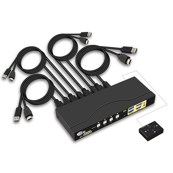 CKLau CKLau 4 Port HDMI KVM Switch with USB 3.0 Hub & Digital Audio - 4K@60Hz, Hotkey Switching, All Cables Included