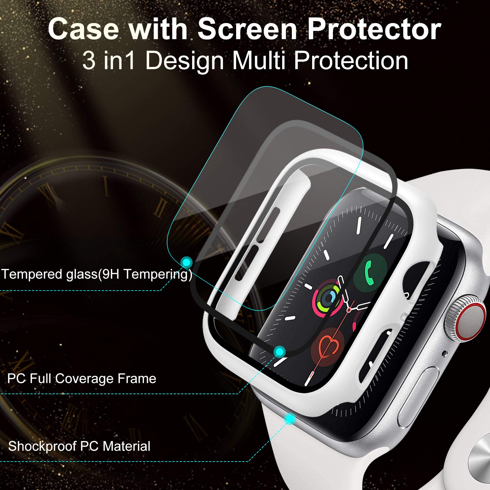 ZEBRE 4-Pack Hard PC Case and Tempered Glass Screen Protector for Apple Watch Series 6 SE 5 4 44mm - View 4 of 8