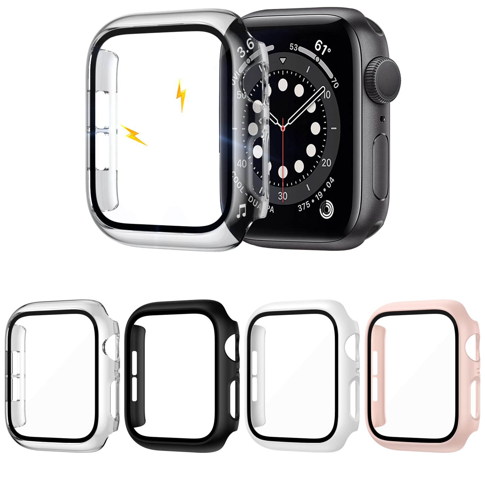 ZEBRE 4-Pack Hard PC Case and Tempered Glass Screen Protector for Apple Watch Series 6 SE 5 4 44mm