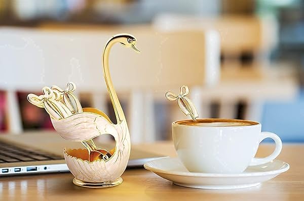 Flylin Flylin Gold Coffee Dessert Spoon Set with Swan Base Holder & 6 Ice Cream Teaspoons - Elegant Flatware Organizer - View 4 of 11