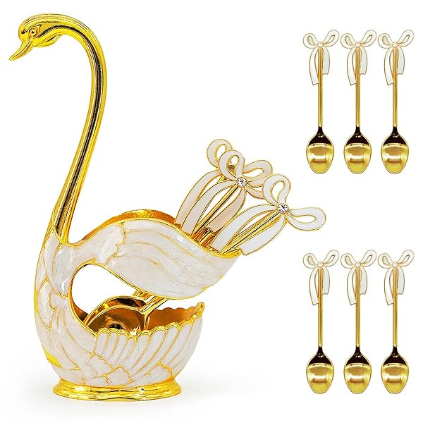 Flylin Flylin Gold Coffee Dessert Spoon Set with Swan Base Holder & 6 Ice Cream Teaspoons - Elegant Flatware Organizer - View 2 of 11