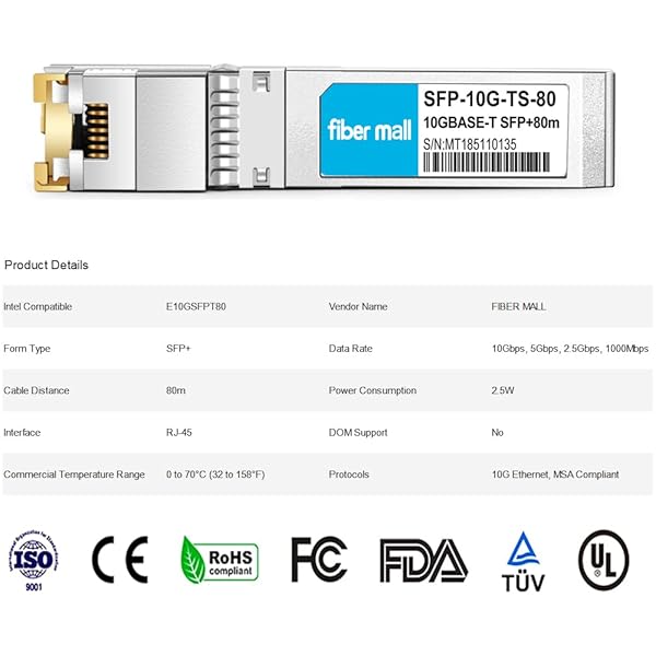 fiber mall 10G SFP+ to RJ45 Transceiver Module for Intel E10GSFPT80 10GBASE-T Mini-GBIC Copper 80m Connectivity Solution - View 7 of 7
