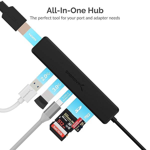 SABRENT SABRENT Multi-Port USB Type-C Hub: 4K HDMI, 60W Power Delivery, USB 3.0/2.0, SD/microSD Reader - Enhance Your Connectivity! - View 7 of 9