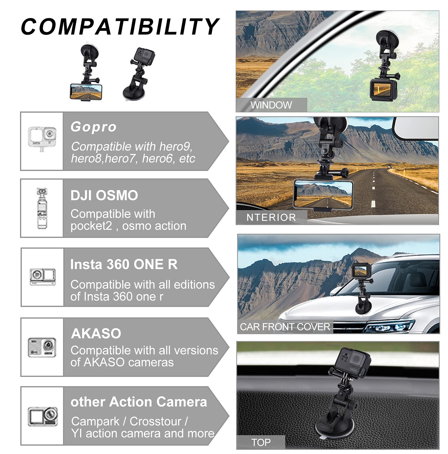 PULUZ PULUZ Suction Cup Mount for GoPro Adjustable Vehicle Window Holder Compatible with Hero 12 11 10 9 8 7 Insta360 X3 X2 DJI OSMO Action Camera - View 3 of 7