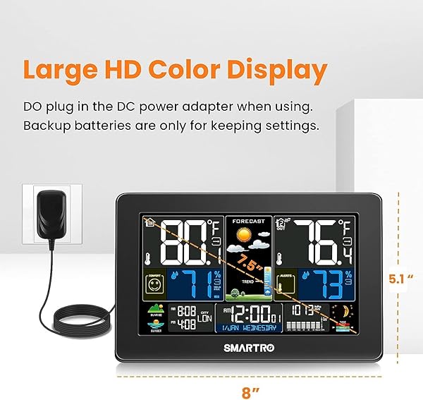 SMARTRO SMARTRO Wireless Weather Station: Indoor/Outdoor Thermometer with Color Display, Barometer, Humidity Monitor & Moon Phase - View 5 of 10