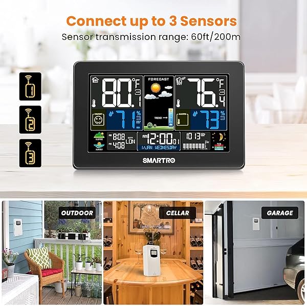 SMARTRO SMARTRO Wireless Weather Station: Indoor/Outdoor Thermometer with Color Display, Barometer, Humidity Monitor & Moon Phase - View 7 of 10