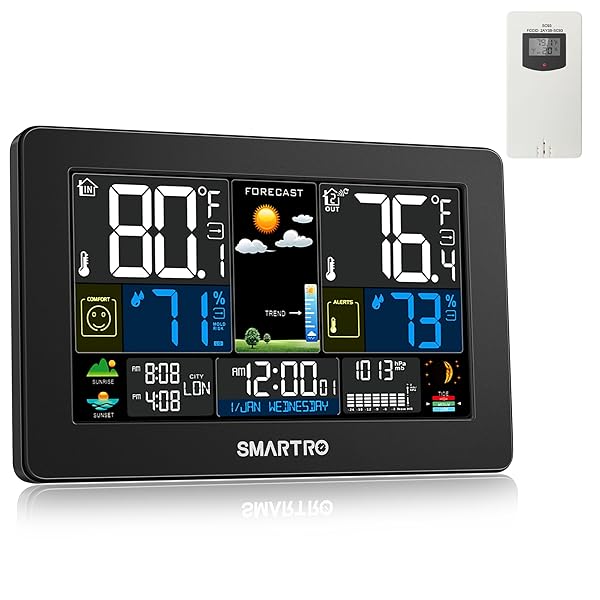 SMARTRO SMARTRO Wireless Weather Station: Indoor/Outdoor Thermometer with Color Display, Barometer, Humidity Monitor & Moon Phase - View 2 of 10