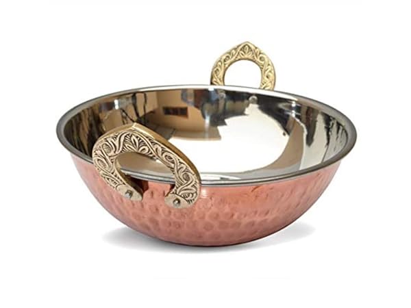 Billion Deals Billion Deals Set of 2 Indian Copper Serveware Karahi Vegetable Dinner Bowl with Handle 13 Cm for Authentic Indian Cuisine - View 3 of 10