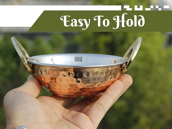 Billion Deals Billion Deals Set of 2 Indian Copper Serveware Karahi Vegetable Dinner Bowl with Handle 13 Cm for Authentic Indian Cuisine - View 5 of 10