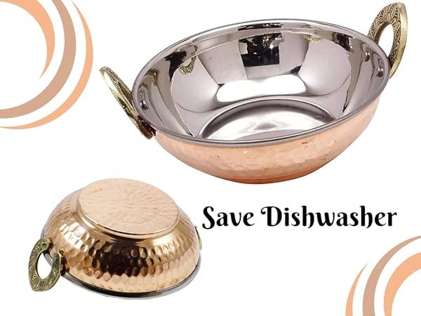 Billion Deals Billion Deals Set of 2 Indian Copper Serveware Karahi Vegetable Dinner Bowl with Handle 13 Cm for Authentic Indian Cuisine - View 6 of 10