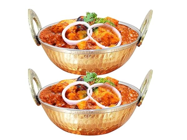 Billion Deals Billion Deals Set of 2 Indian Copper Serveware Karahi Vegetable Dinner Bowl with Handle 13 Cm for Authentic Indian Cuisine - View 7 of 10