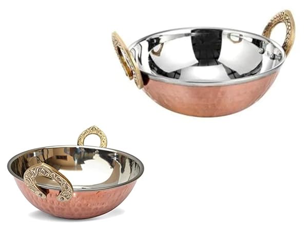 Billion Deals Billion Deals Set of 2 Indian Copper Serveware Karahi Vegetable Dinner Bowl with Handle 13 Cm for Authentic Indian Cuisine - View 2 of 10