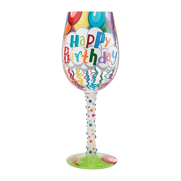 Enesco Enesco Lolita Happy Birthday Hand-Painted Wine Glass - Artisan Streamers Design, Multicolor, Perfect Gift!