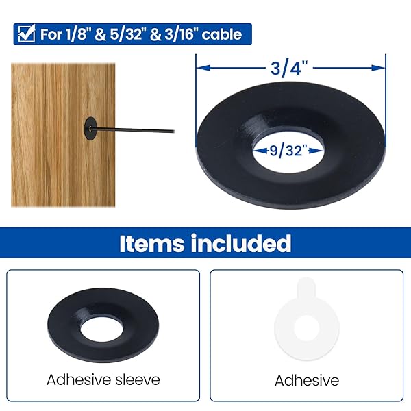 Muzata Muzata 40 Pack Black Cable Railing Adhesive Sleeves for Wire Rope T316 Stainless Steel Grommet Protector Hardware Kit for Wood Metal Posts - View 3 of 8