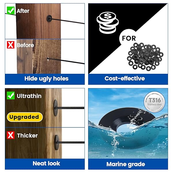 Muzata Muzata 40 Pack Black Cable Railing Adhesive Sleeves for Wire Rope T316 Stainless Steel Grommet Protector Hardware Kit for Wood Metal Posts - View 4 of 8