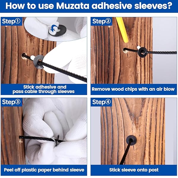 Muzata Muzata 40 Pack Black Cable Railing Adhesive Sleeves for Wire Rope T316 Stainless Steel Grommet Protector Hardware Kit for Wood Metal Posts - View 6 of 8