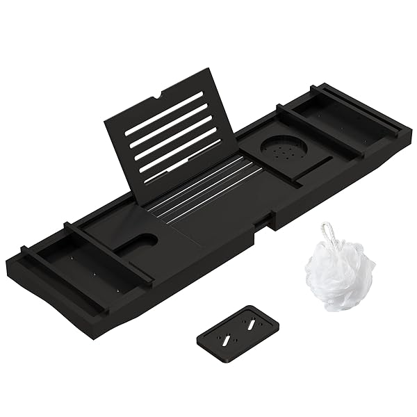 Zhuoyue "Luxury Expandable Bamboo Bathtub Tray with Wine Glass Holder & Book Stand - Adjustable Bath Accessories 29.5"-43.3" Black"