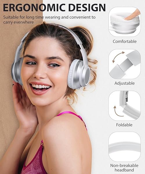 rockpapa Rockpapa E8 Bluetooth Headphones for Kids and Adults Foldable Wired Wireless with Microphone and Travel Case Silver - View 3 of 8