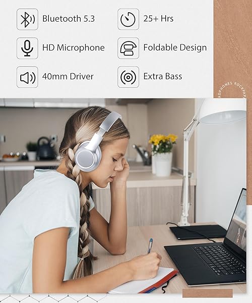 rockpapa Rockpapa E8 Bluetooth Headphones for Kids and Adults Foldable Wired Wireless with Microphone and Travel Case Silver - View 6 of 8