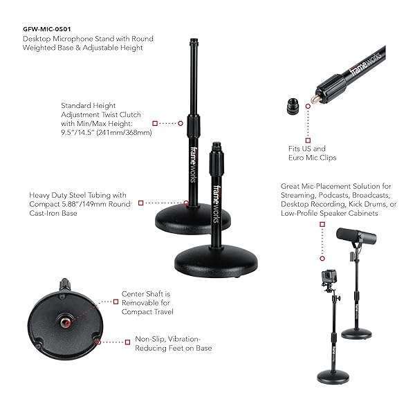 Gator Frameworks Buy Gator Frameworks Desktop Microphone Stand GFW-MIC-0501 - Adjustable Height & Weighted Base for Stability - View 9 of 11