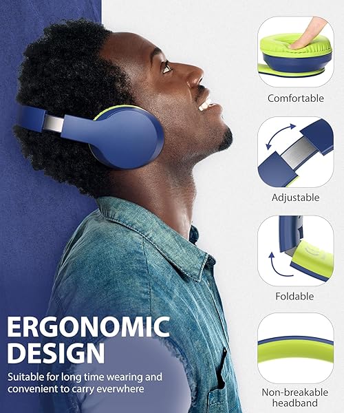 rockpapa Rockpapa E7 Over Ear Bluetooth Headphones with Mic & Travel Case - Foldable Wired/Wireless for Kids & Adults in Blue/Green - View 4 of 9