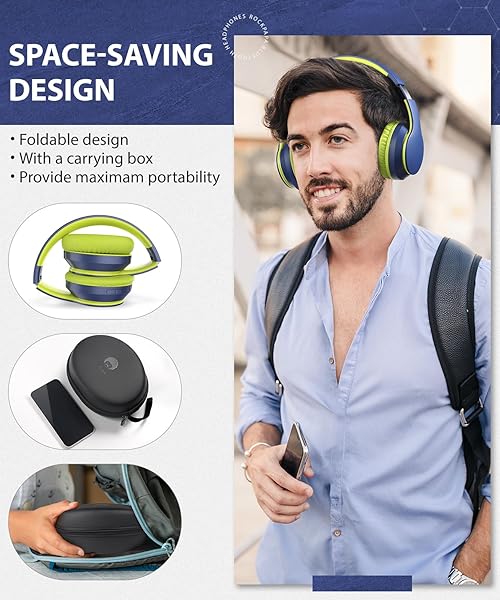 rockpapa Rockpapa E7 Over Ear Bluetooth Headphones with Mic & Travel Case - Foldable Wired/Wireless for Kids & Adults in Blue/Green - View 6 of 9