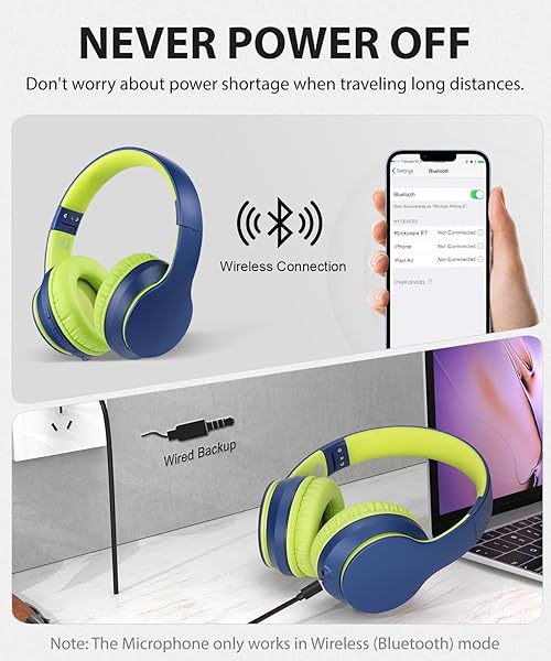 rockpapa Rockpapa E7 Over Ear Bluetooth Headphones with Mic & Travel Case - Foldable Wired/Wireless for Kids & Adults in Blue/Green - View 8 of 9