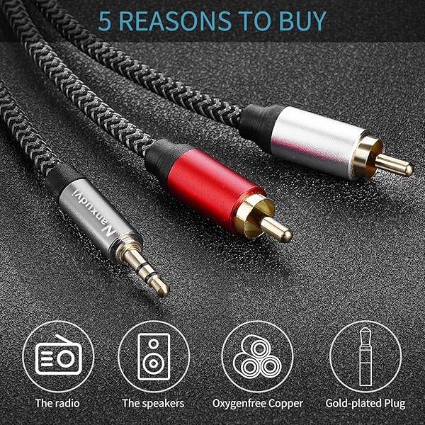 Nanxudyj Nanxudyj 3.5mm to 2RCA Audio Cable 20ft Nylon Braided for Stereo Receiver Speaker Smartphone Tablet HDTV MP3 Player and More - View 5 of 7