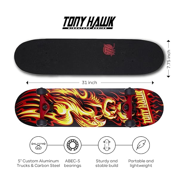 Voyager Tony Hawk 31 Inch Skateboard Signature Series 4 9 Ply Maple Deck for Cruising Carving Tricks and Downhill Flame Hawk - View 4 of 8