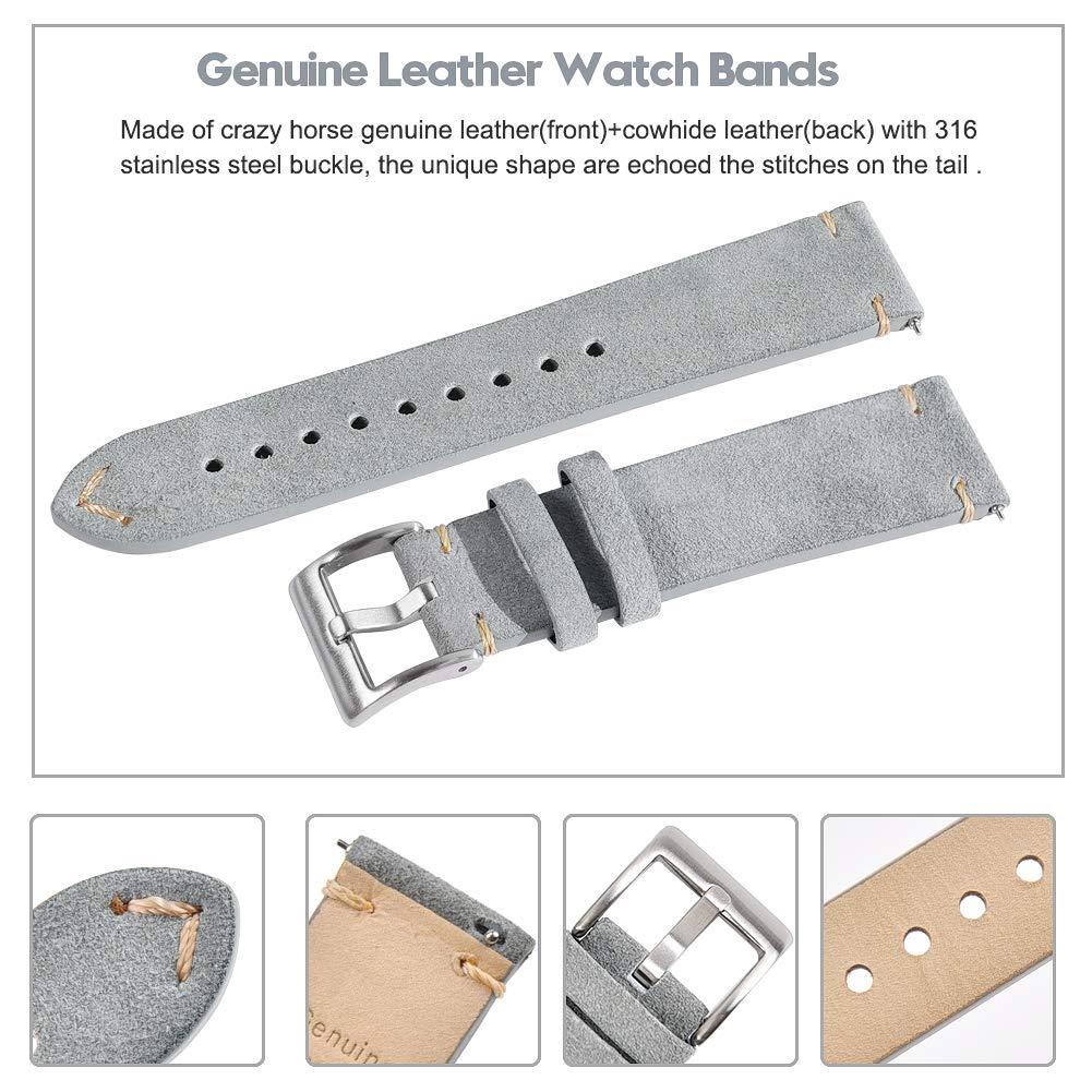 Ritche Quick Release Leather Watch Band 20mm Genuine Suede Grey Silver Strap for Men and Women Classic Design - View 4 of 6