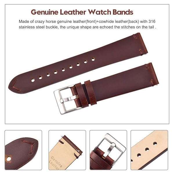 Ritche Ritche Quick Release Leather Watch Band 20mm - Genuine Coffee/Silver Strap for Men & Women - View 6 of 8