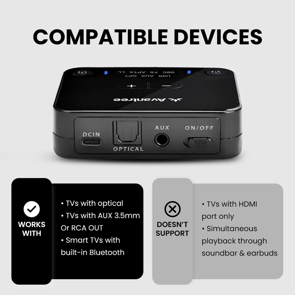 Avantree Avantree HT41866 Wireless Earbuds for TV: 20Hrs Neckband, Bluetooth Transmitter, No Audio Delay & Individual Volume Control - View 3 of 7