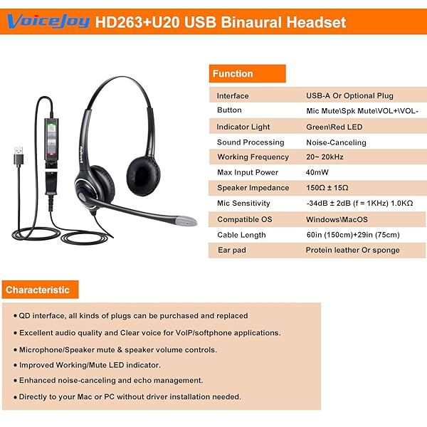 VoiceJoy VoiceJoy HD263 USB Headset with Quick Disconnect Adapter Noise Cancelling Microphone for PC Skype and Webinar Business Use - View 8 of 10