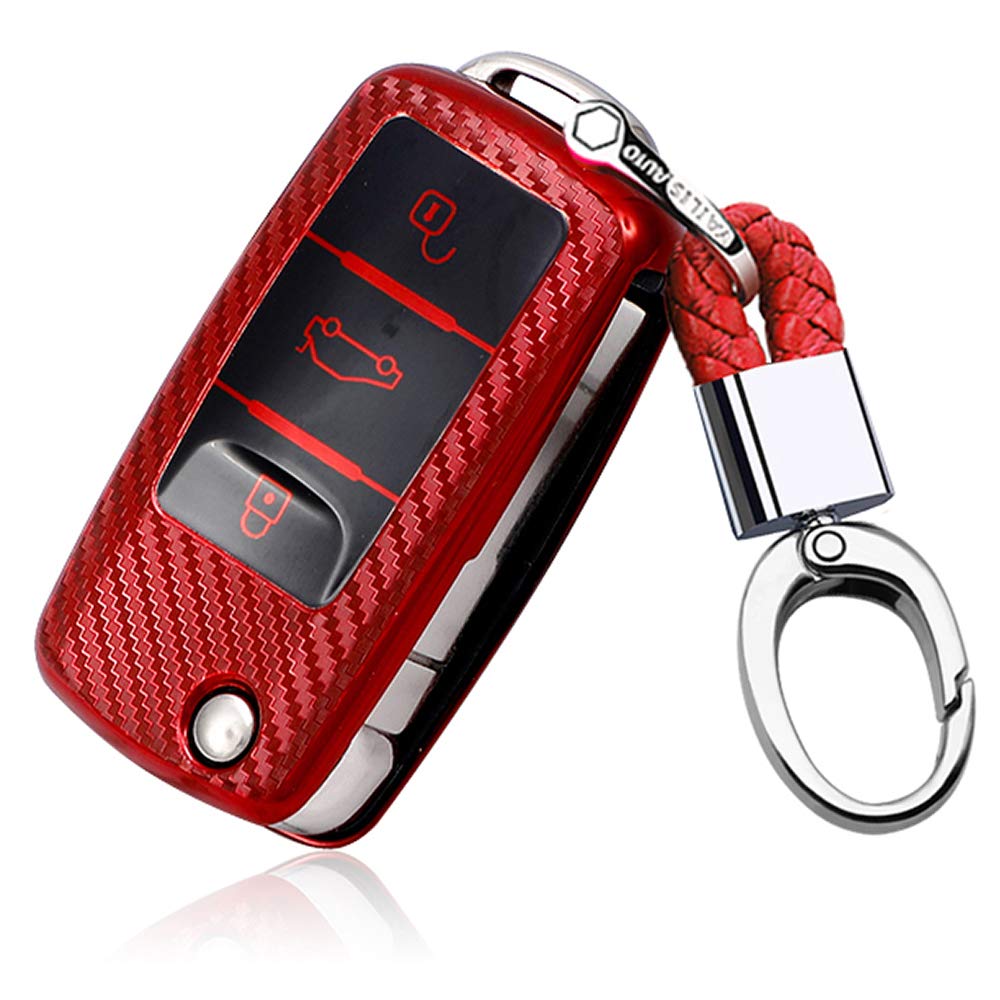 SANRILY SANRILY Key Fob Case Cover for VW Jetta Passat Tiguan Golf Keyless Keychain Holder Full Protection Red