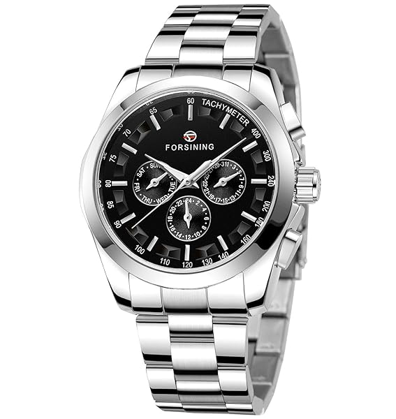 Forsining Men's Waterproof Analog Quartz Watch with Calendar and Stainless Steel Band Automatic Self-Wind Wristwatch