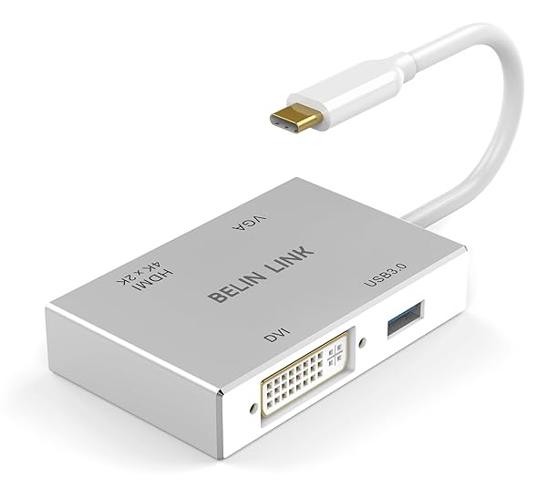BELIN LINK BELIN LINK USB-C to HDMI DVI VGA Adapter - 4-in-1 Hub for MacBook Pro, Surface Pro & More | 4K Thunderbolt 3 Compatible