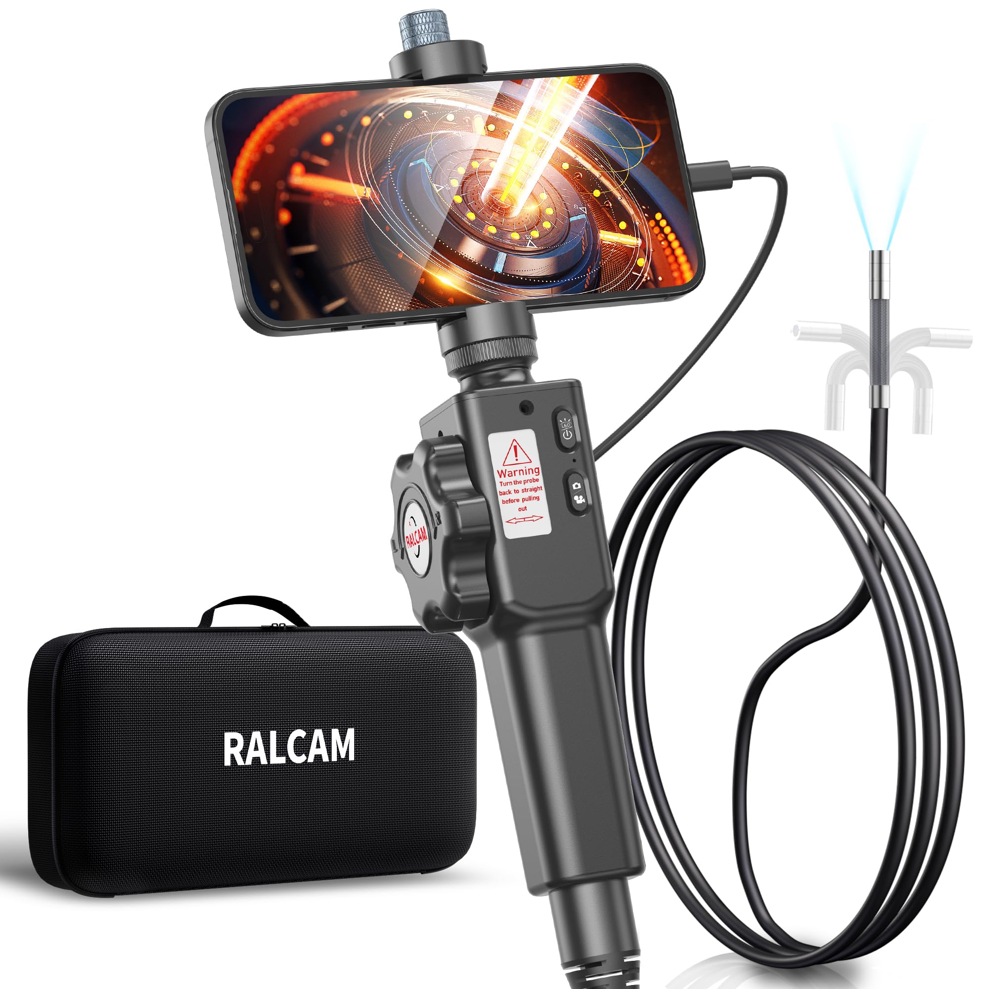 Ralcam Two Way Articulating Borescope for Smartphone Ralcam 8.5mm Endoscope Camera with Light HD 1080P Automotive Inspection Tool