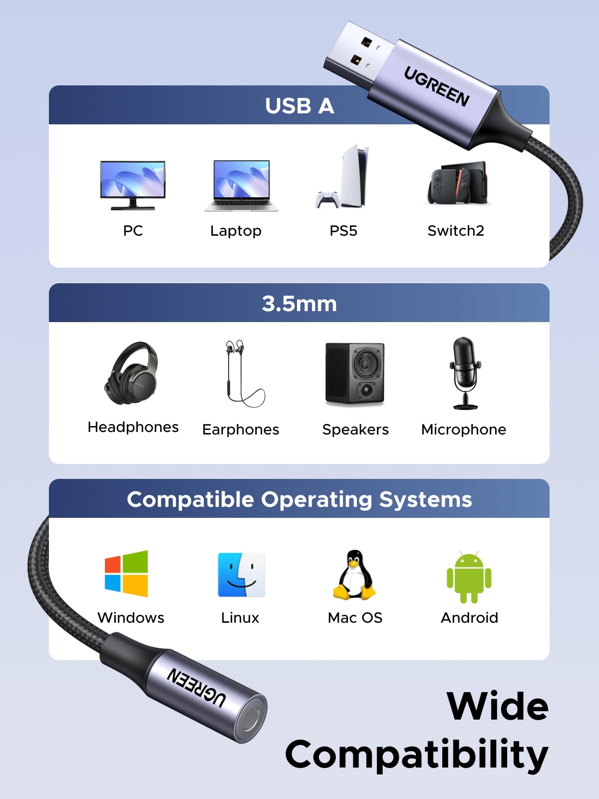 UGREEN UGREEN USB to 3.5mm Jack Audio Adapter Sound Card with Mic Support for Windows Mac Linux PC PS5 PS4 Switch 24bit 96kHz Nylon Braided 9.8 Inch - View 7 of 9