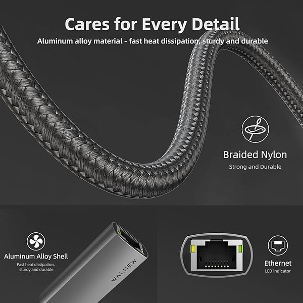 WALNEW WALNEW USB-C to Ethernet Adapter: Fast Gigabit RJ45 Converter for Mac, iPad, Dell XPS, Chromebook & More - View 5 of 7