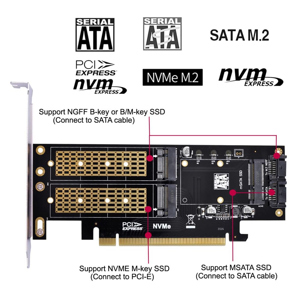 xiwai Xiwai PCI Express PCI-E 3.0 Dual SATA to NGFF NVME MSATA M-Key B M-Key SSD Card Adapter 3in1 for Fast Storage Solutions - View 2 of 9