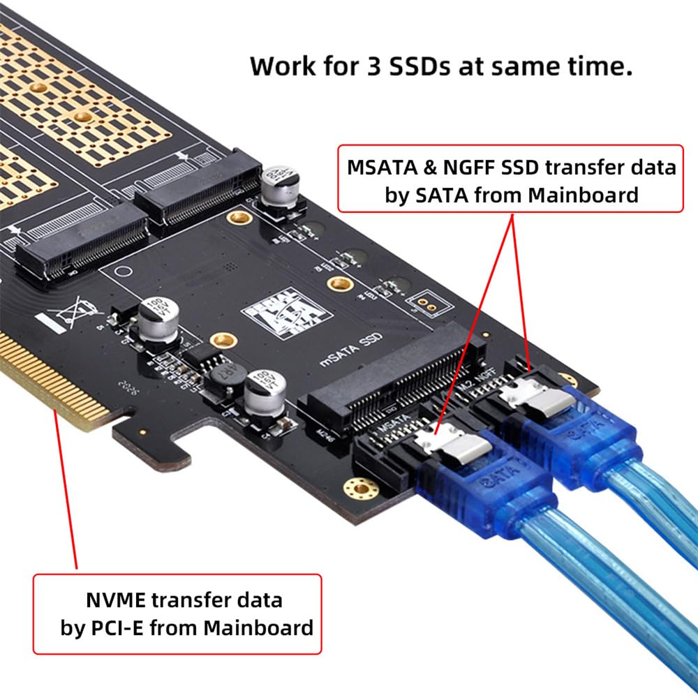 xiwai Xiwai PCI Express PCI-E 3.0 Dual SATA to NGFF NVME MSATA M-Key B M-Key SSD Card Adapter 3in1 for Fast Storage Solutions - View 4 of 9