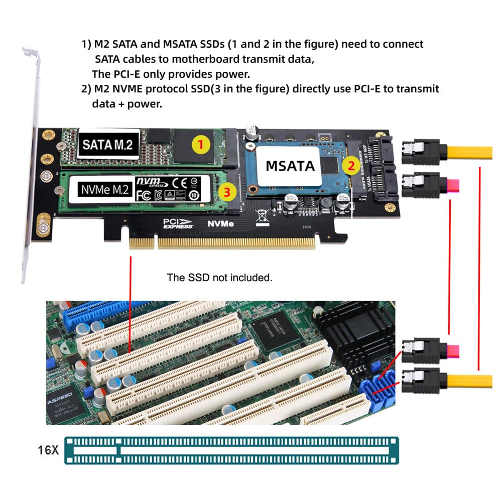 xiwai Xiwai PCI Express PCI-E 3.0 Dual SATA to NGFF NVME MSATA M-Key B M-Key SSD Card Adapter 3in1 for Fast Storage Solutions - View 7 of 9